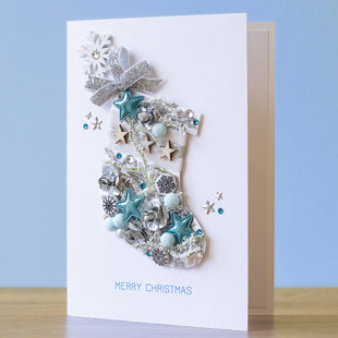 A5 Boxed Handmade Christmas Card 'Santa's Stocking - Blue'